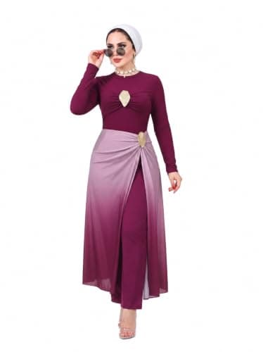 Women's Modest Burkini Swimsuit 5-Piece Set – Gold Accent Long Sleeve Top, Leggings, Skirt, Ombre Chiffon Maxi Sarong & Swim Cap From La Vie Model LV-BRK-233
