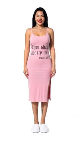 Louna Fashion Thou Shall Not Try Me Graphic Home Dress, Pink | Spaghetti Straps, Side Slit, Bodycon Fit, Slogan Print, Sleeveless Nightgown nightshirt
