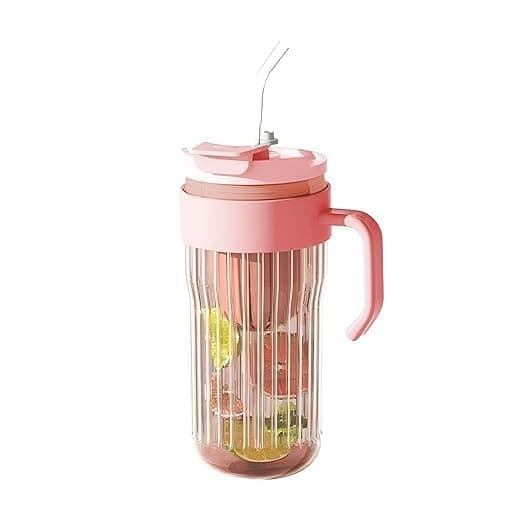 Clear Sports Water Mug with Side Handle and Built-in Fruit Infuser – Modern Drink Bottle with Straw and Airtight Lid, Ribbed Design, Space Saving