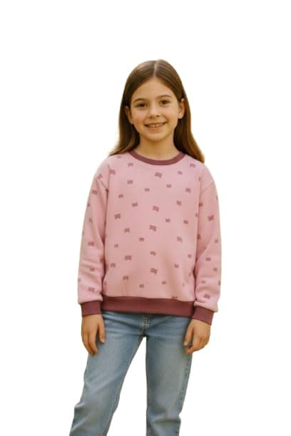 NG Girls Cotton Crewneck Sweatshirt, Pink with Pattern, Long Sleeve, Casual Style, Everyday Wear