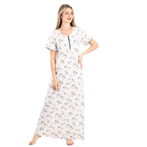 Summer Maxi Abaya | White Cotton Long Nightgown with Floral Print & 1/2 Sleeves | Elegant & Lightweight Dress | Ultimate Comfort Women's Homewear Nightgown nightshirt