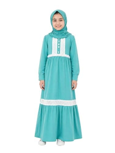 Girls Modest ISDAL Long Sleeve, Lace Trim Detail, Islamic Occasion Wear - Babyblue Dress