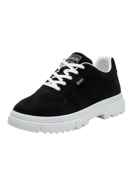: Black Suede Lace-Up Sneakers with Chunky White Sole-62270001003_45 | Fashion Sport Style, Thick Ridged Outsole, Casual Everyday Wear, Low-Top Design, Contrast White Laces