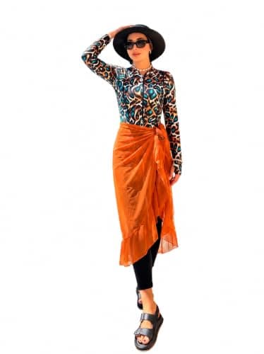 Women's Modest Burkini Swimsuit 5-Piece Set – Leopard Print Zip Rash Guard Top, Leggings, Skirt, Ruffled Chiffon Sarong & Swim Cap From La Vie Model LV-BRK-101