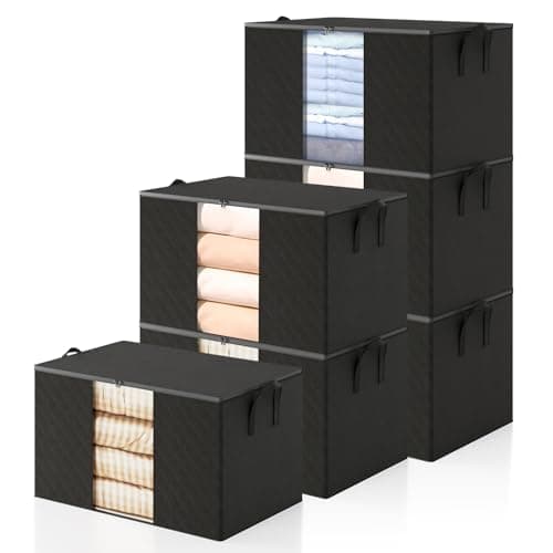 POMGRATREE 6 Pack Clothes Storage Bags - 90L Blanket Organizers and Storage for Closet Large Storage Bins with Lids and Zipper Storage Containers for King Comforter, Pillow and Sweater (Black, 6 Pack) Storage box