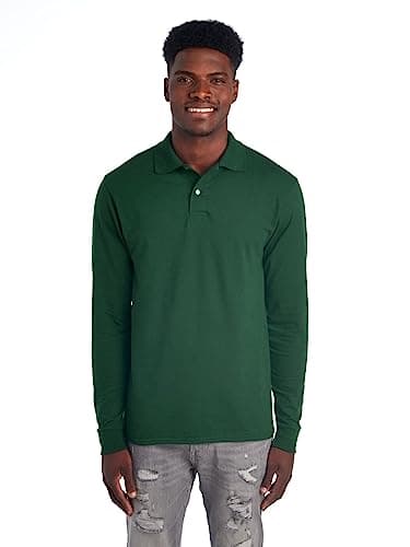 Jerzees Men's Spot Shield Long Sleeve Polo Sport Shirt, Forest Green, M