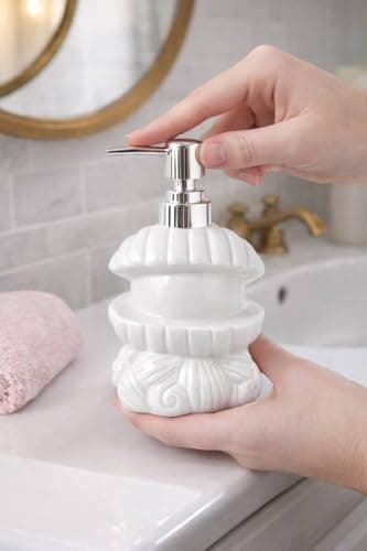 Generic Soap Dispenser, Seashell Design, White, with Silver Pump, for Bathroom Counter, .sa
