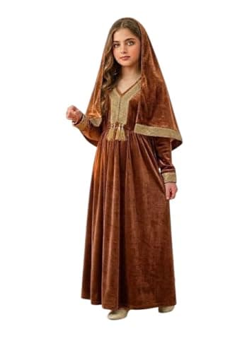 Miza Girls Dress Velvet Embroidered Jalabiya Kids Long Sleeve Ramadan Occasions Multiple Sizes