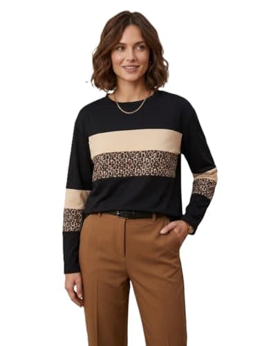 Women's Long Sleeve T-Shirt, Colorblock Pattern with Leopard Print, Round Neck
