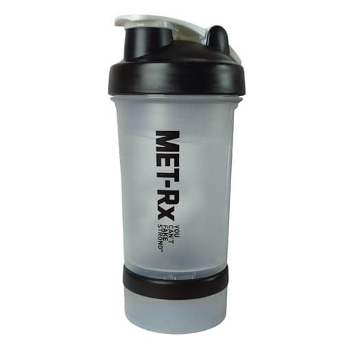 MET-RX from Md stay fit Protein Shaker Bottle with Mixing Ball, Leak-Proof Gym Shake Cup with Powder Storage and Pill Tray, BPA Free (transparent)