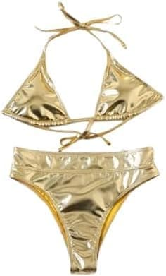 Women Two Piece Gold Glitter Disco Leather Sexy Bikini - One Size - Code HN 6036 Swimwear