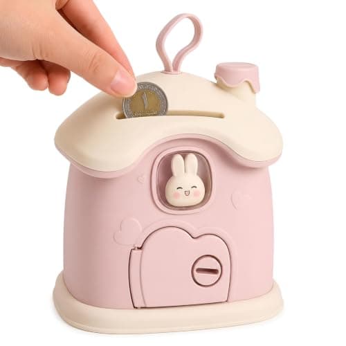 Mushroom House Bank - Pink Plastic Coin Container with Open Door | 2 Key Attachment, 20x17x5.5 Inch, Office & Shelves, Funny Rabbit Design, Lightweight and Portable Money bank