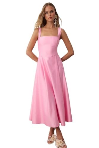 Trendyol Womens Knee-length Dress Light Pink A-line Satin Woven Stylish Evening Dress Night Homecoming Dress Tpraw25el00040