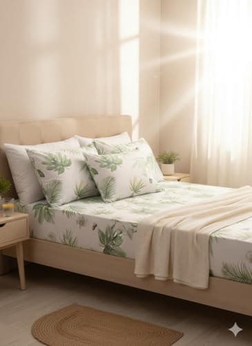 Luxury Cotton Bed Sheet - Includes 2 Pillow Cases - King Size Bed (180cm) (White with Green Leaves) Bed linen set