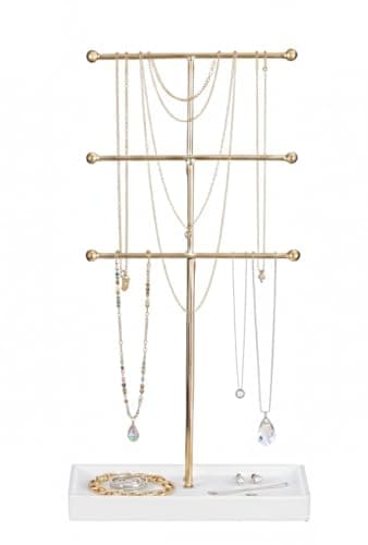 Golden Metal Jewelry Organzier 3 T Bar Stands layered Acessories Rack Organizers For Necklaces, Bracelets, Rings, Earings Wooden Tray Base, Display Accesories Holder Jewelry storage