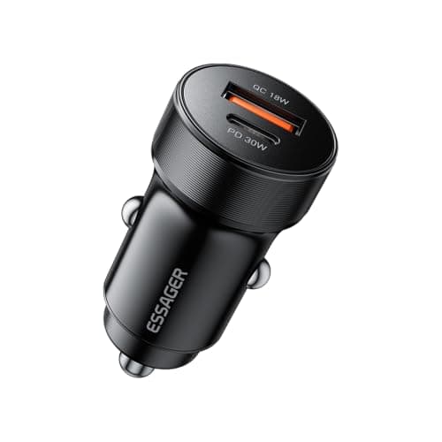 ESSAGER CC24 Black 30W Fast Car Charger USB-C PD USB-A QC 3.0 Dual Port Mini Car Charger, Fits 12V-24V Vehicles, Safe Charging, Widely Compatible – 12 Month Warranty Charging adapter