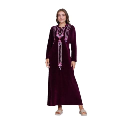 Zecotex Winter Burgundy Velvet Cotton Abaya Nightgowns for Women - Special Cut on Both Sides - Burgundy Embroidered on Front - Long Dress Comfortable Home wear for Women Apparel