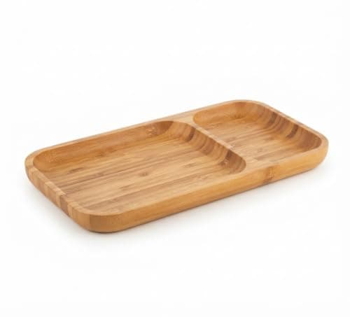 Bamboo Wood Serving Tray Divided 2 Sections - Natural Wooden Tray Versatile for Hospitality, Breakfast, Appetizer, Modern Design for Table Tidying
