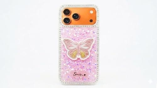 Butterfly Crystal For (iphone 17 Pro) Protective Case Glittery Back Cover Rhinestone Frame For Girls Shockproof Protection For Girls (Pink) Cellular phone case