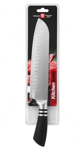 Kitchen Knife – Stainless Steel Hollow-Edge Anti-Rusting Blade – Ergonomic Black Handle – Food-Safe Dishwasher Safe Chef Knife for Meat, Vegetables & Daily Cooking – 32 × 8 × 2 cm (Silver/Black)
