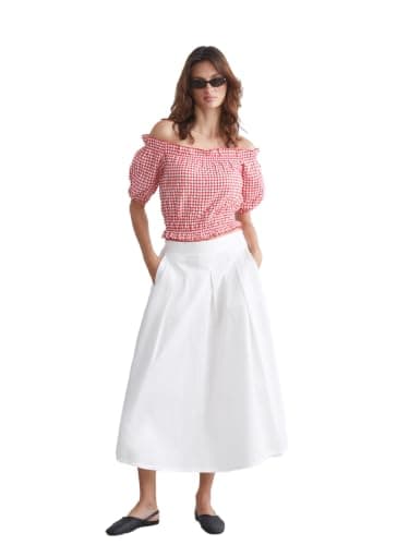 LC WAIKIKI Woman Slash Neck Plaid Frilled Blouse Shirt