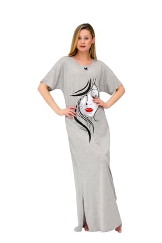 Dadosh Women's Cotton Long Nightgown, Feminine Face Print, Short Sleeve, Round Neck Nightgown, Long Nightgown, Women's Abaya Nightgown nightshirt