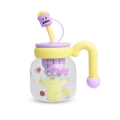 Glass Water Bottle with Straw & Handle, 860ml Strainer Cup, Leak-Proof Reusable Drink Bottle with Easy-Grip Lid for Juice Milk Tea, for Indoor and Outdoor Use, GG-2533 (yellow & purple)