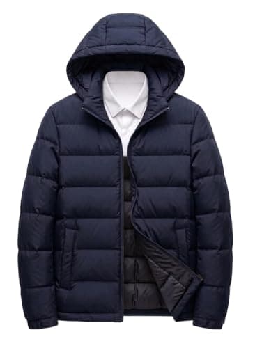 Waterproof Men's Hooded Puffer Jacket, Navy Blue, Quilted Winter Coat | Zip Closure, Side Pockets, Warm Insulation, Casual Outerwear, Cold Weather Wear