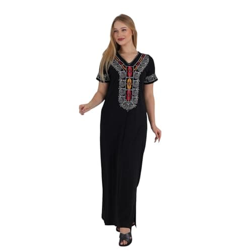 ZECOTEX Women's Cotton Embroidered Maxi Nightgown | Black, V-Neck | Short Sleeve Loungewear Nightgown nightshirt