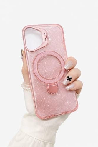 Glitter Liquid Kickstand Case for iPhone 16,Cute Luxury Bling Sparkle with Camera stand Flowing Ring Stand Plating Bumper Shockproof Women Girls Cover for iPhone 16 (Shiny Pink) Cellular phone case
