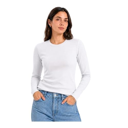 Women's Basic Long Sleeve Ribbed T-Shirt Crew Neck Slim Fit Stretch Casual Cotton Top Everyday Layering Tee