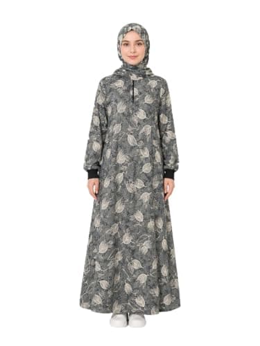 Women's Modest ISDAL leaf Print, Long Sleeve, Full Length, with Matching Hijab - Grey - ONe Size Dress