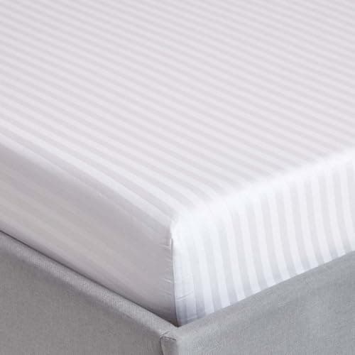 Ocra Fine PolyCotton Bed Sheet Set, Stripe Pattern, 3 Piece Set with Sheet and Pillowcases (White, Single 120x200, Fitted Bedsheet)