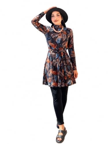 Women's Modest Burkini Swimsuit 3-Piece Set – Belted Tropical Leaf Print Swim Dress, Leggings & Swim Cap From La Vie Model LV-BRK-226