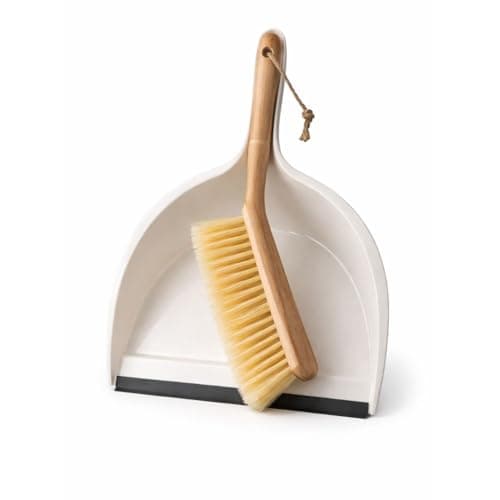 Plastic Dustpan with Wooden Hand Brush Set – Heavy-Duty Rubber Edge Floor Cleaning Kit for Home & Kitchen – White & Natural Wood
