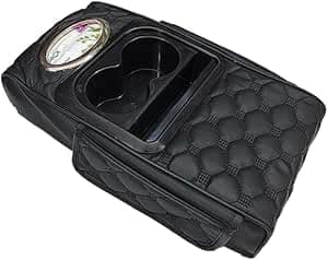 Universal Car Armrest Compact Design with Lift Pad Cup Holder Phone Slot Side Pockets (With Tissue Box, Black) -AGA