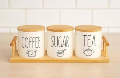 Generic porcelain spice jar set, Sugar and Tea Canister Set with Wooden Stand and Bamboo Lids, 450ml, 3 Pieces, .bs Food storage container
