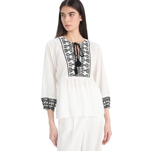 DeFacto Woman Casual Woven Top Regular Fit Crew Neck 3/4 Sleeve Long Sleeve Blouse E6527AX