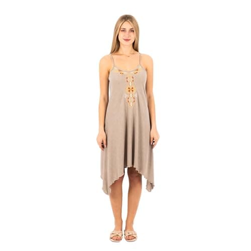 ZECOTEX Women's Nightdress |100% Ribbed Cotton | Embroidered Front | Sleeveless with Spaghetti Straps, Asymmetric Knee Length Hem | Sizes S-2XL Nightgown nightshirt