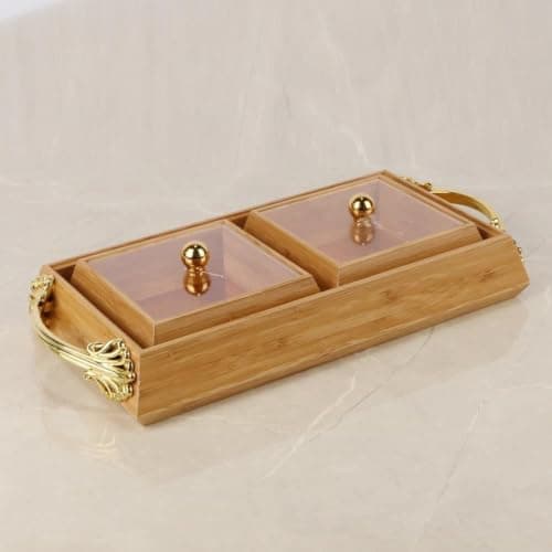 Generic Wooden Snack Tray with Gold Handles and Two Compartments, .mk