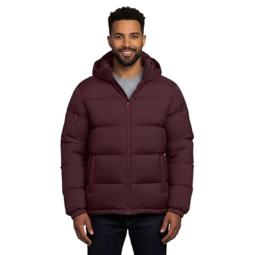 Men's Hooded Puffer Jacket, Maroon, Quilted Winter Coat with Zip Closure, Warm Insulated Outerwear