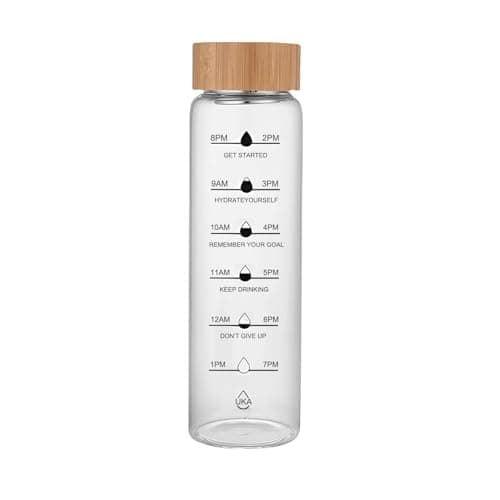 1000ml Water Bottle with Time Marker and Hourly Hydration Tracker Modern Daily Use Drinking Bottle with Stylish Wooden Lid and Sleek Design Clear