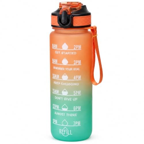 Water Bottle 1L with Time Markings and Carry Handle, Leak-Resistant Reusable Sports Drinking Bottle for Gym, Fitness, Work, School, Travel and Outdoor Use, FL-1, Orange & Blue