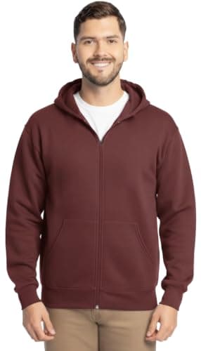 Men's Full Zip Hoodie Sweatshirt, Maroon, Long Sleeve, Kangaroo Pocket, Casual Fleece Jacket
