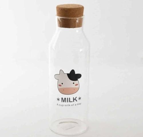 1000ml Clear Glass Milk Bottle with Cute Cow Shape Design with Airtight Wooden Lid for Juices, Water, Cold Drinks and Perfect Organizer for Home Refrigerator Shelves