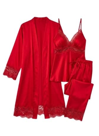 Womens Lingerie 3 Piece Comfortable Satin Material - Soft Sleepwear Set for Home Use and Leisure (AN)