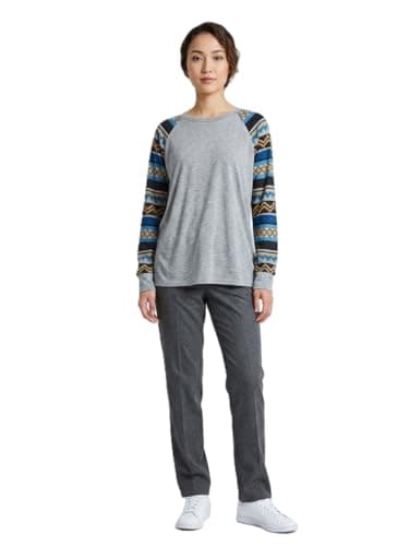 Women's Long Sleeve Sport Shirt, Grey, Colorful Geometric Pattern, Round Neck