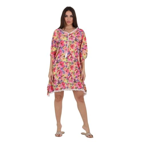 ZECOTEX Women's Floral Blue Beach Cover Up | Lightweight Kaftan Dress with Tassel Tie Neck | Breezy Swimwear Cover-Up for Beach & Pool | Sizes M-XL
