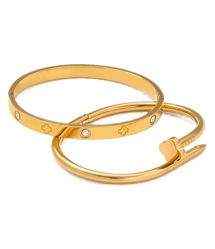 Luxury Stainless Steel Bracelet Set of 2 Four Leaf Clover for Women
