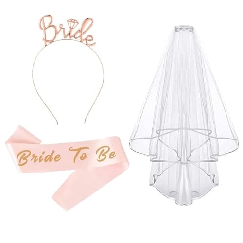 Cylocrya Bride to Be Sash and Veil, Hen Party Accessories with White Tiara Bride to Be Sash Bridal Headband, Bridal Set Apparel head neck covering